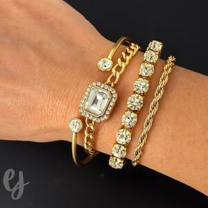 Set of 4 Gold Tone Bracelets with Rhinestones – Cuff, Tennis, Chain, Stretch